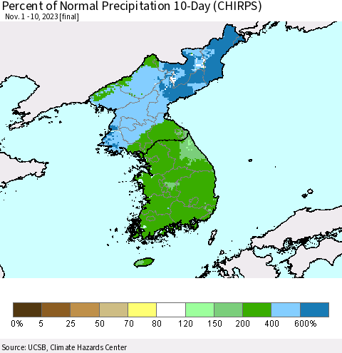Korea Percent of Normal Precipitation 10-Day (CHIRPS) Thematic Map For 11/1/2023 - 11/10/2023