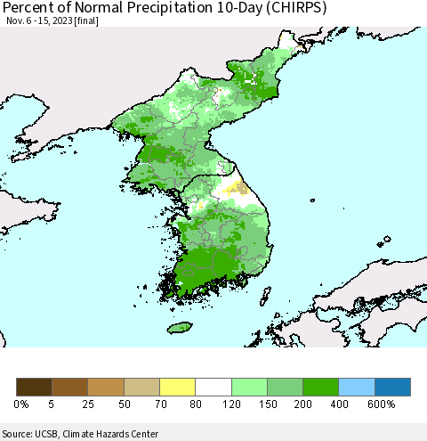Korea Percent of Normal Precipitation 10-Day (CHIRPS) Thematic Map For 11/6/2023 - 11/15/2023