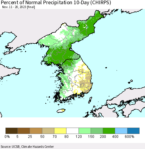 Korea Percent of Normal Precipitation 10-Day (CHIRPS) Thematic Map For 11/11/2023 - 11/20/2023