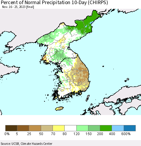 Korea Percent of Normal Precipitation 10-Day (CHIRPS) Thematic Map For 11/16/2023 - 11/25/2023