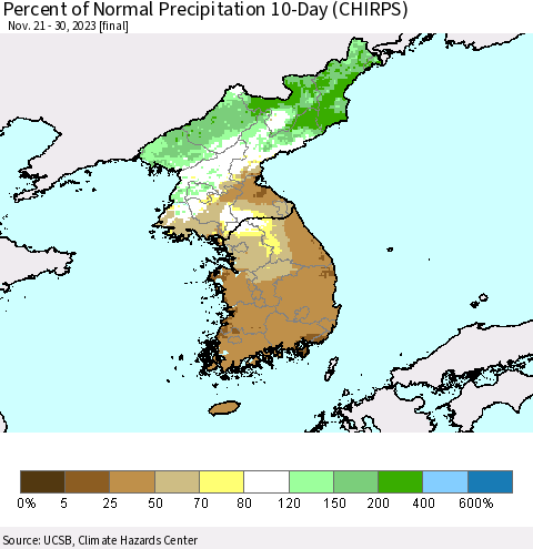 Korea Percent of Normal Precipitation 10-Day (CHIRPS) Thematic Map For 11/21/2023 - 11/30/2023