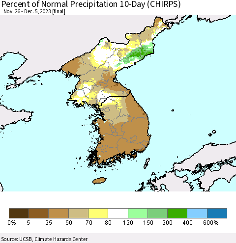 Korea Percent of Normal Precipitation 10-Day (CHIRPS) Thematic Map For 11/26/2023 - 12/5/2023