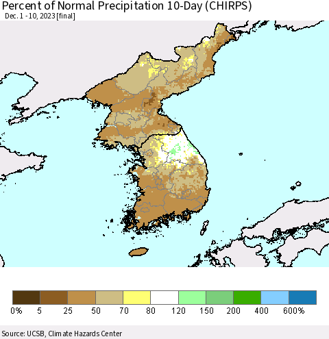 Korea Percent of Normal Precipitation 10-Day (CHIRPS) Thematic Map For 12/1/2023 - 12/10/2023