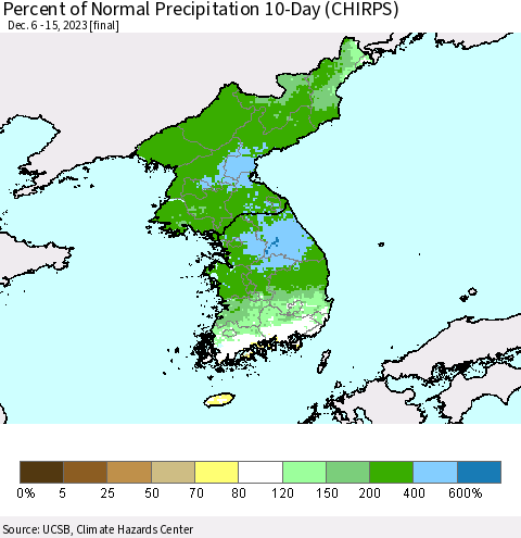 Korea Percent of Normal Precipitation 10-Day (CHIRPS) Thematic Map For 12/6/2023 - 12/15/2023