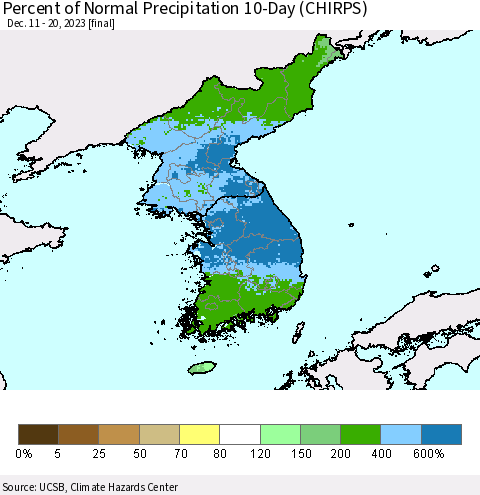 Korea Percent of Normal Precipitation 10-Day (CHIRPS) Thematic Map For 12/11/2023 - 12/20/2023