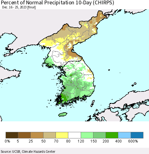 Korea Percent of Normal Precipitation 10-Day (CHIRPS) Thematic Map For 12/16/2023 - 12/25/2023