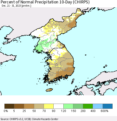 Korea Percent of Normal Precipitation 10-Day (CHIRPS) Thematic Map For 12/21/2023 - 12/31/2023