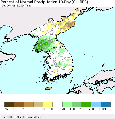 Korea Percent of Normal Precipitation 10-Day (CHIRPS) Thematic Map For 12/26/2023 - 1/5/2024