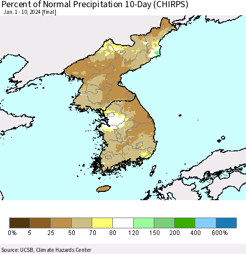 Korea Percent of Normal Precipitation 10-Day (CHIRPS) Thematic Map For 1/1/2024 - 1/10/2024