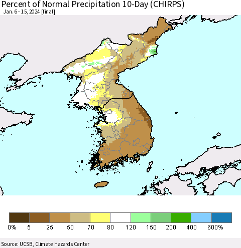 Korea Percent of Normal Precipitation 10-Day (CHIRPS) Thematic Map For 1/6/2024 - 1/15/2024