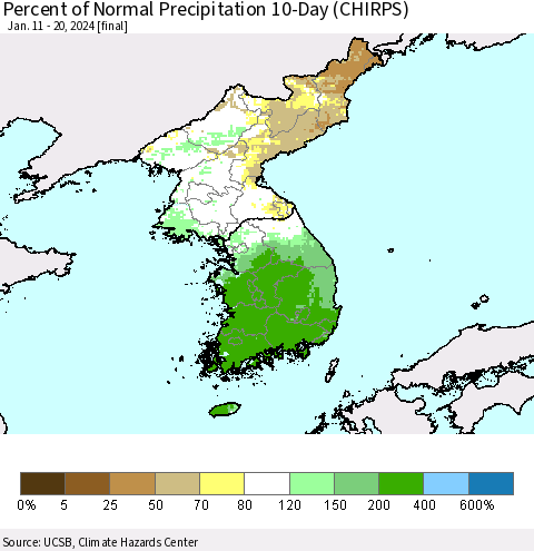 Korea Percent of Normal Precipitation 10-Day (CHIRPS) Thematic Map For 1/11/2024 - 1/20/2024