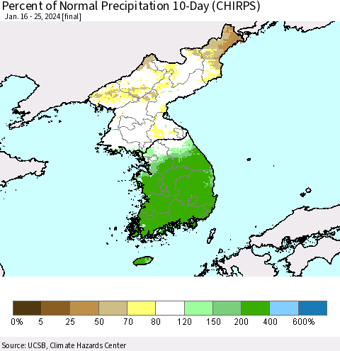 Korea Percent of Normal Precipitation 10-Day (CHIRPS) Thematic Map For 1/16/2024 - 1/25/2024