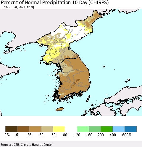 Korea Percent of Normal Precipitation 10-Day (CHIRPS) Thematic Map For 1/21/2024 - 1/31/2024