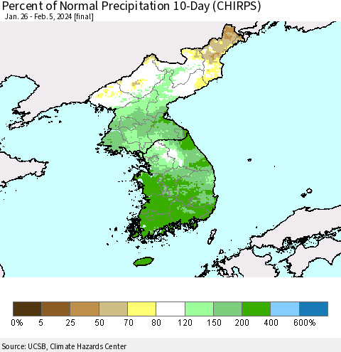 Korea Percent of Normal Precipitation 10-Day (CHIRPS) Thematic Map For 1/26/2024 - 2/5/2024