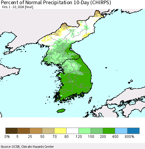 Korea Percent of Normal Precipitation 10-Day (CHIRPS) Thematic Map For 2/1/2024 - 2/10/2024