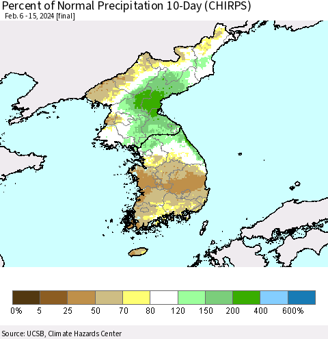 Korea Percent of Normal Precipitation 10-Day (CHIRPS) Thematic Map For 2/6/2024 - 2/15/2024