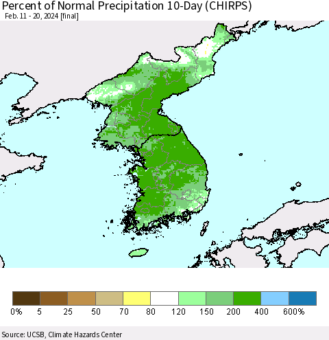 Korea Percent of Normal Precipitation 10-Day (CHIRPS) Thematic Map For 2/11/2024 - 2/20/2024
