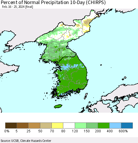 Korea Percent of Normal Precipitation 10-Day (CHIRPS) Thematic Map For 2/16/2024 - 2/25/2024