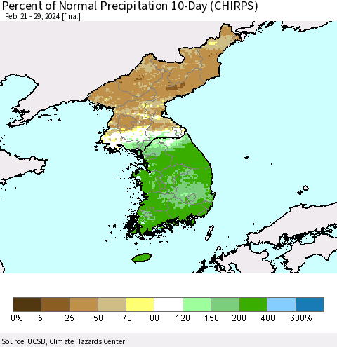 Korea Percent of Normal Precipitation 10-Day (CHIRPS) Thematic Map For 2/21/2024 - 2/29/2024