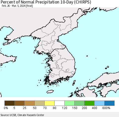 Korea Percent of Normal Precipitation 10-Day (CHIRPS) Thematic Map For 2/26/2024 - 3/5/2024