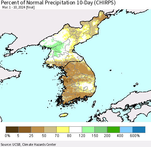 Korea Percent of Normal Precipitation 10-Day (CHIRPS) Thematic Map For 3/1/2024 - 3/10/2024