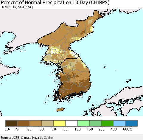 Korea Percent of Normal Precipitation 10-Day (CHIRPS) Thematic Map For 3/6/2024 - 3/15/2024