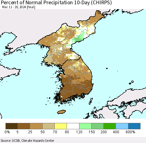 Korea Percent of Normal Precipitation 10-Day (CHIRPS) Thematic Map For 3/11/2024 - 3/20/2024