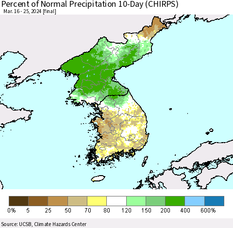 Korea Percent of Normal Precipitation 10-Day (CHIRPS) Thematic Map For 3/16/2024 - 3/25/2024