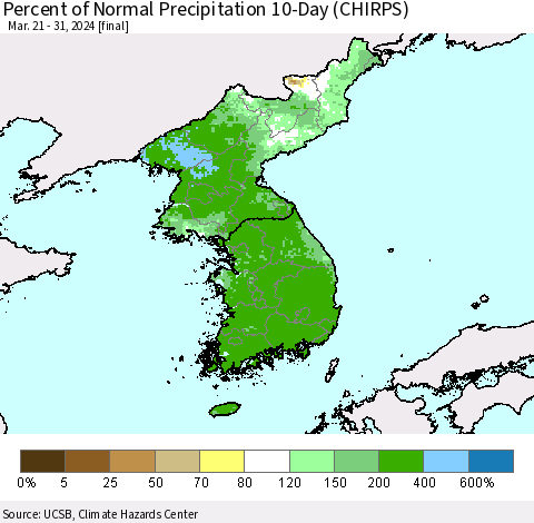 Korea Percent of Normal Precipitation 10-Day (CHIRPS) Thematic Map For 3/21/2024 - 3/31/2024