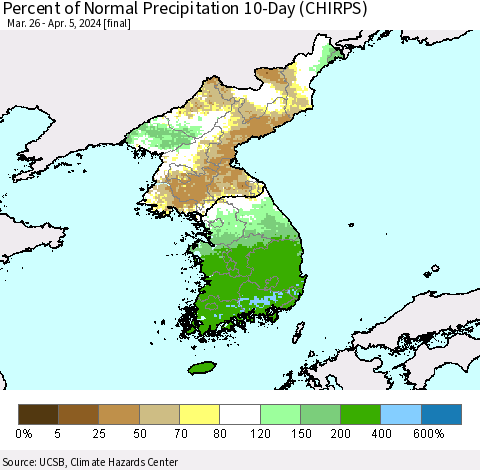 Korea Percent of Normal Precipitation 10-Day (CHIRPS) Thematic Map For 3/26/2024 - 4/5/2024