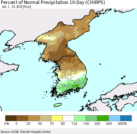 Korea Percent of Normal Precipitation 10-Day (CHIRPS) Thematic Map For 4/1/2024 - 4/10/2024