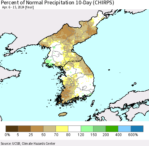 Korea Percent of Normal Precipitation 10-Day (CHIRPS) Thematic Map For 4/6/2024 - 4/15/2024