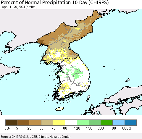 Korea Percent of Normal Precipitation 10-Day (CHIRPS) Thematic Map For 4/11/2024 - 4/20/2024