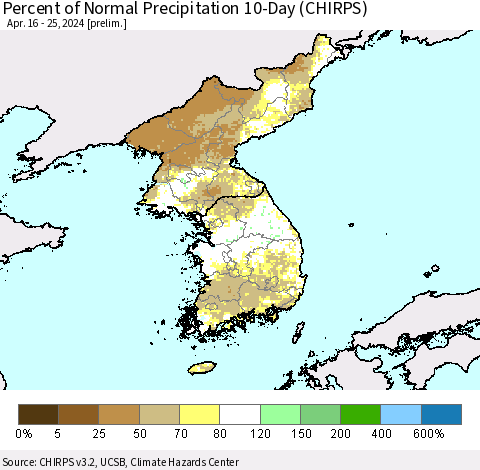 Korea Percent of Normal Precipitation 10-Day (CHIRPS) Thematic Map For 4/16/2024 - 4/25/2024