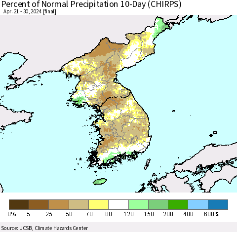Korea Percent of Normal Precipitation 10-Day (CHIRPS) Thematic Map For 4/21/2024 - 4/30/2024