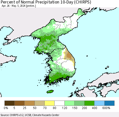 Korea Percent of Normal Precipitation 10-Day (CHIRPS) Thematic Map For 4/26/2024 - 5/5/2024