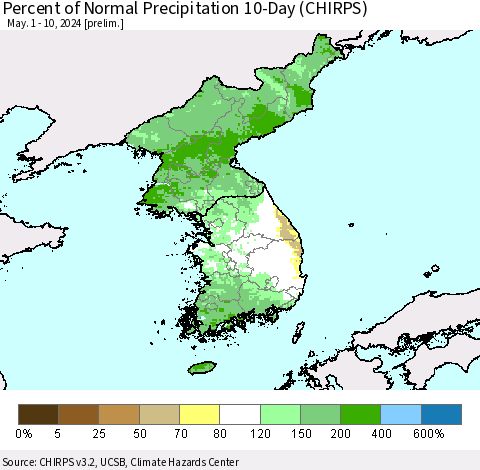 Korea Percent of Normal Precipitation 10-Day (CHIRPS) Thematic Map For 5/1/2024 - 5/10/2024