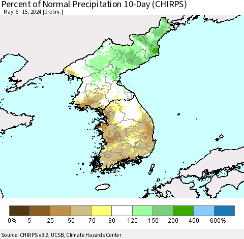 Korea Percent of Normal Precipitation 10-Day (CHIRPS) Thematic Map For 5/6/2024 - 5/15/2024