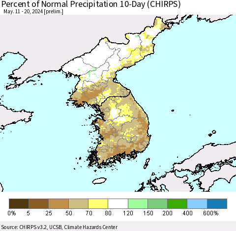 Korea Percent of Normal Precipitation 10-Day (CHIRPS) Thematic Map For 5/11/2024 - 5/20/2024