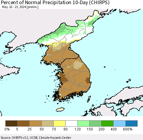 Korea Percent of Normal Precipitation 10-Day (CHIRPS) Thematic Map For 5/16/2024 - 5/25/2024