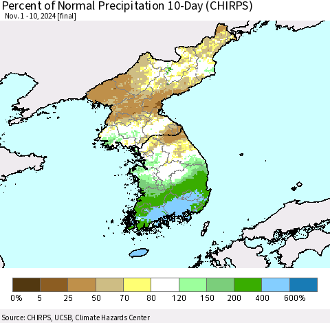 Korea Percent of Normal Precipitation 10-Day (CHIRPS) Thematic Map For 11/1/2024 - 11/10/2024