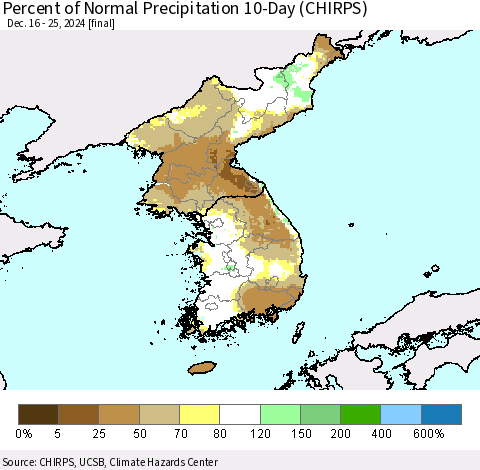 Korea Percent of Normal Precipitation 10-Day (CHIRPS) Thematic Map For 12/16/2024 - 12/25/2024