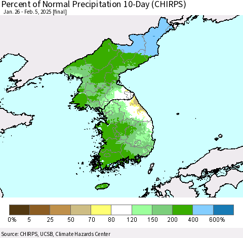 Korea Percent of Normal Precipitation 10-Day (CHIRPS) Thematic Map For 1/26/2025 - 2/5/2025