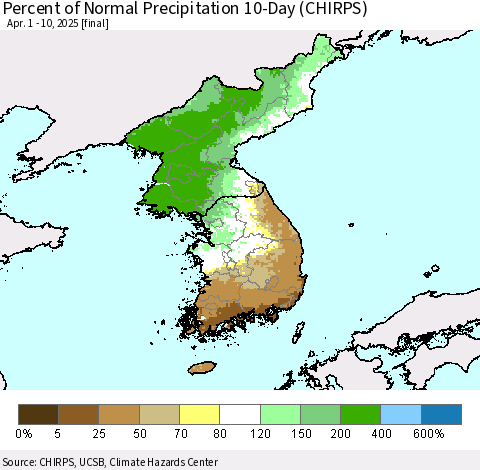 Korea Percent of Normal Precipitation 10-Day (CHIRPS) Thematic Map For 4/1/2025 - 4/10/2025