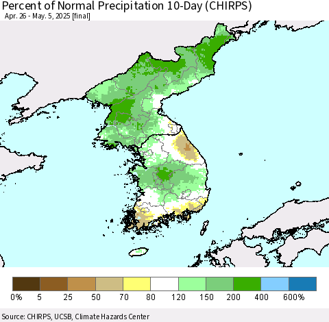 Korea Percent of Normal Precipitation 10-Day (CHIRPS) Thematic Map For 4/26/2025 - 5/5/2025