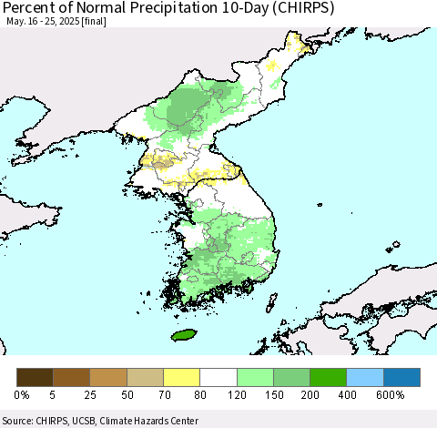 Korea Percent of Normal Precipitation 10-Day (CHIRPS) Thematic Map For 5/16/2025 - 5/25/2025