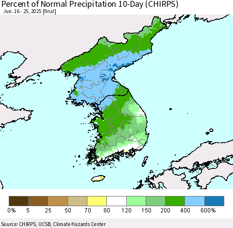 Korea Percent of Normal Precipitation 10-Day (CHIRPS) Thematic Map For 6/16/2025 - 6/25/2025