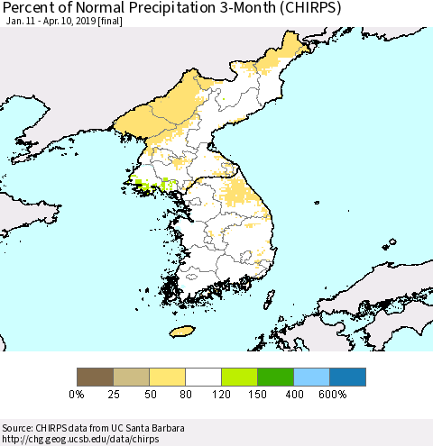 Korea Percent of Normal Precipitation 3-Month (CHIRPS) Thematic Map For 1/11/2019 - 4/10/2019