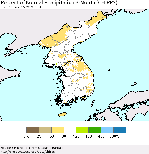 Korea Percent of Normal Precipitation 3-Month (CHIRPS) Thematic Map For 1/16/2019 - 4/15/2019