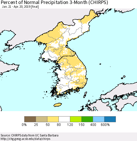 Korea Percent of Normal Precipitation 3-Month (CHIRPS) Thematic Map For 1/21/2019 - 4/20/2019